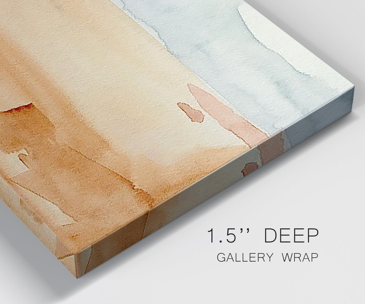 Close-up view of wrapped canvas corner featuring minimal horizon with soft blue tones.