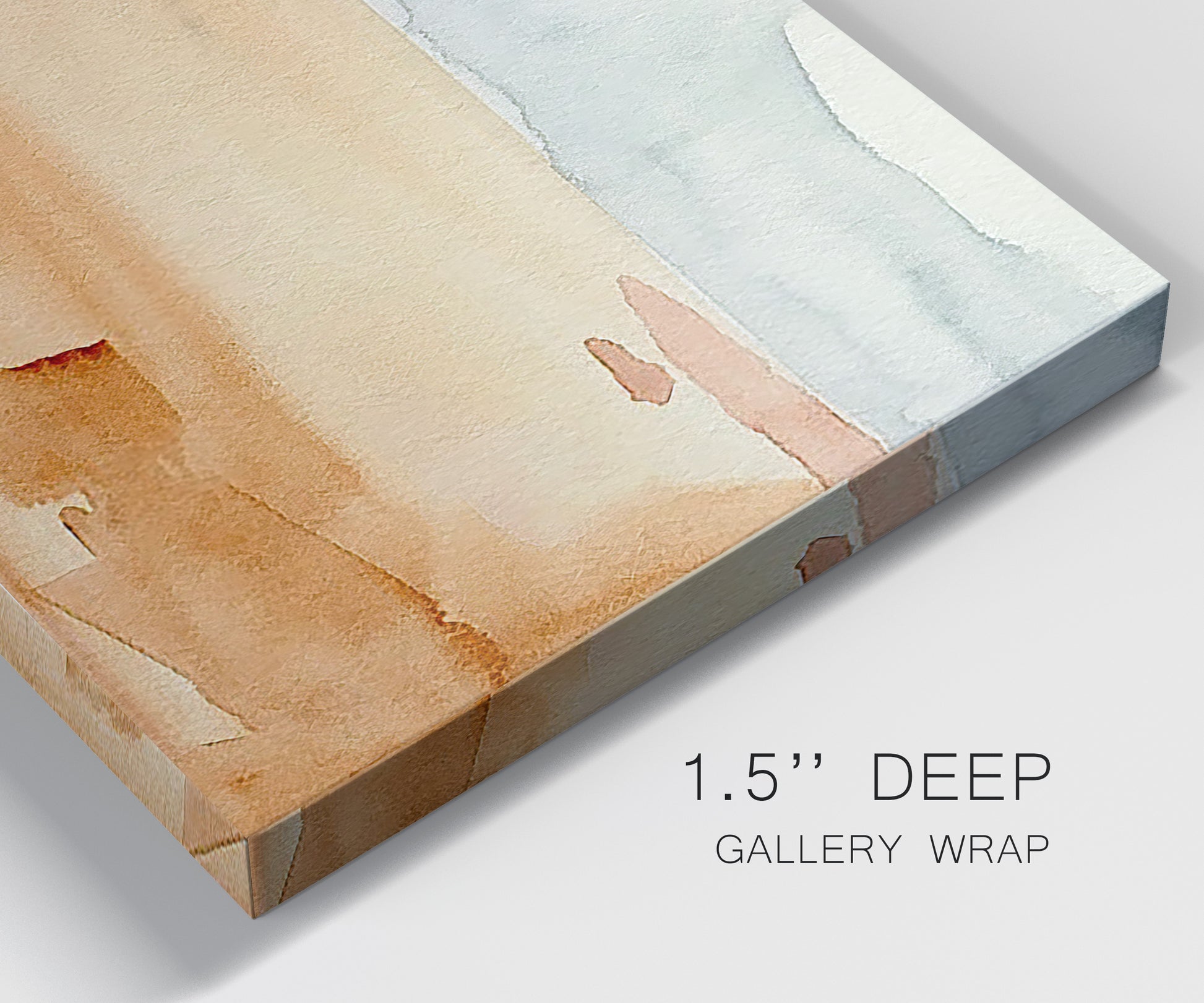 Close-up view of wrapped canvas corner featuring minimal horizon with soft blue tones.