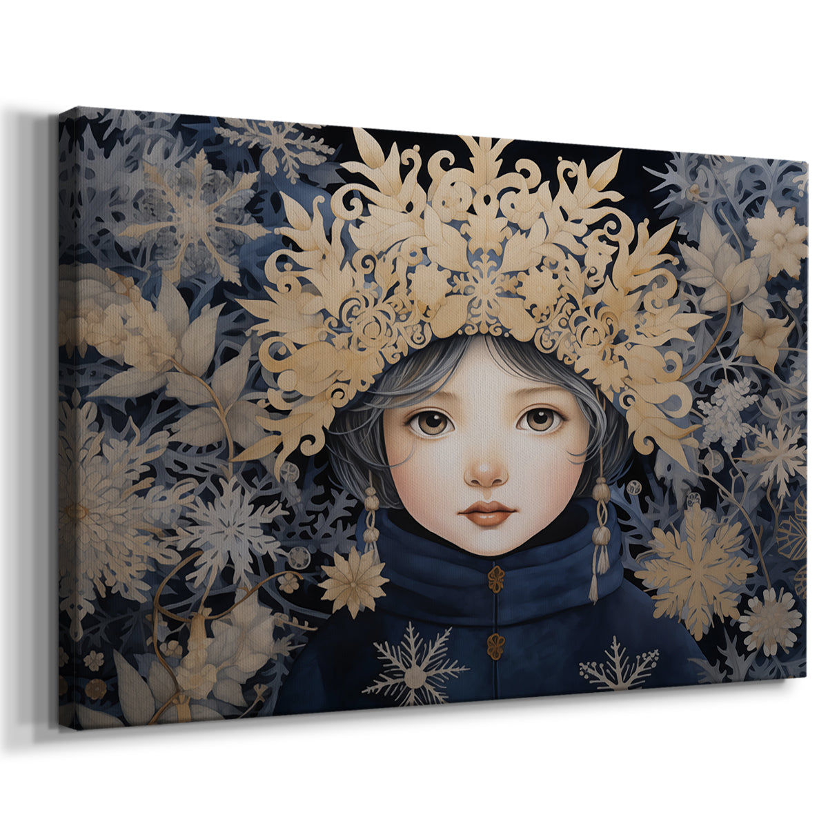 winter,portrait,girl,snowflakes,floral,crown,golden leaves,delicate features,dark coat,whimsical,nature,cold,intricate,beauty,frost,magic,fantasy,serene,enchanting,pale skin,blue tones,symmetrical,face,soft colors,elegance,winter wonderland,ethereal,fairy tale,creativity,visual art,delicate nature,imaginative,unique design,handcrafted,captivating,seasonal,unique,charming