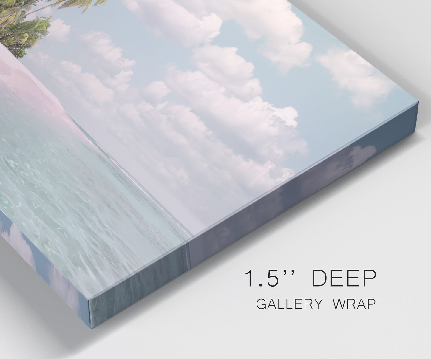 Close-up view of wrapped canvas corner featuring tropical sand dunes with palms.