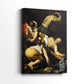 Side view of a canvas art print of a religious scene with muscular forms and strong contrast, showing gallery-wrapped depth.