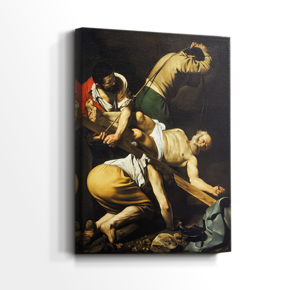 Side view of a canvas art print of a religious scene with muscular forms and strong contrast, showing gallery-wrapped depth.