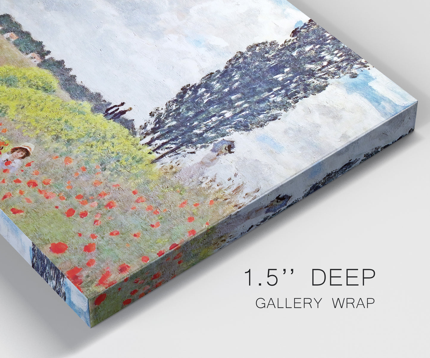Close-up view of wrapped canvas corner featuring open poppy field in countryside.