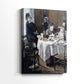 Side view of a canvas art print of a social setting with figures and subtle detail, showing gallery-wrapped depth.