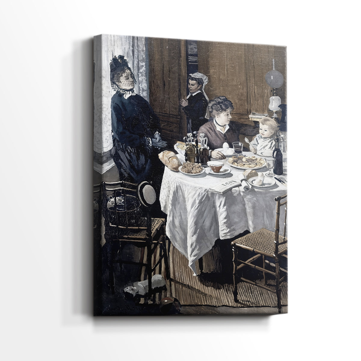 Side view of a canvas art print of a social setting with figures and subtle detail, showing gallery-wrapped depth.