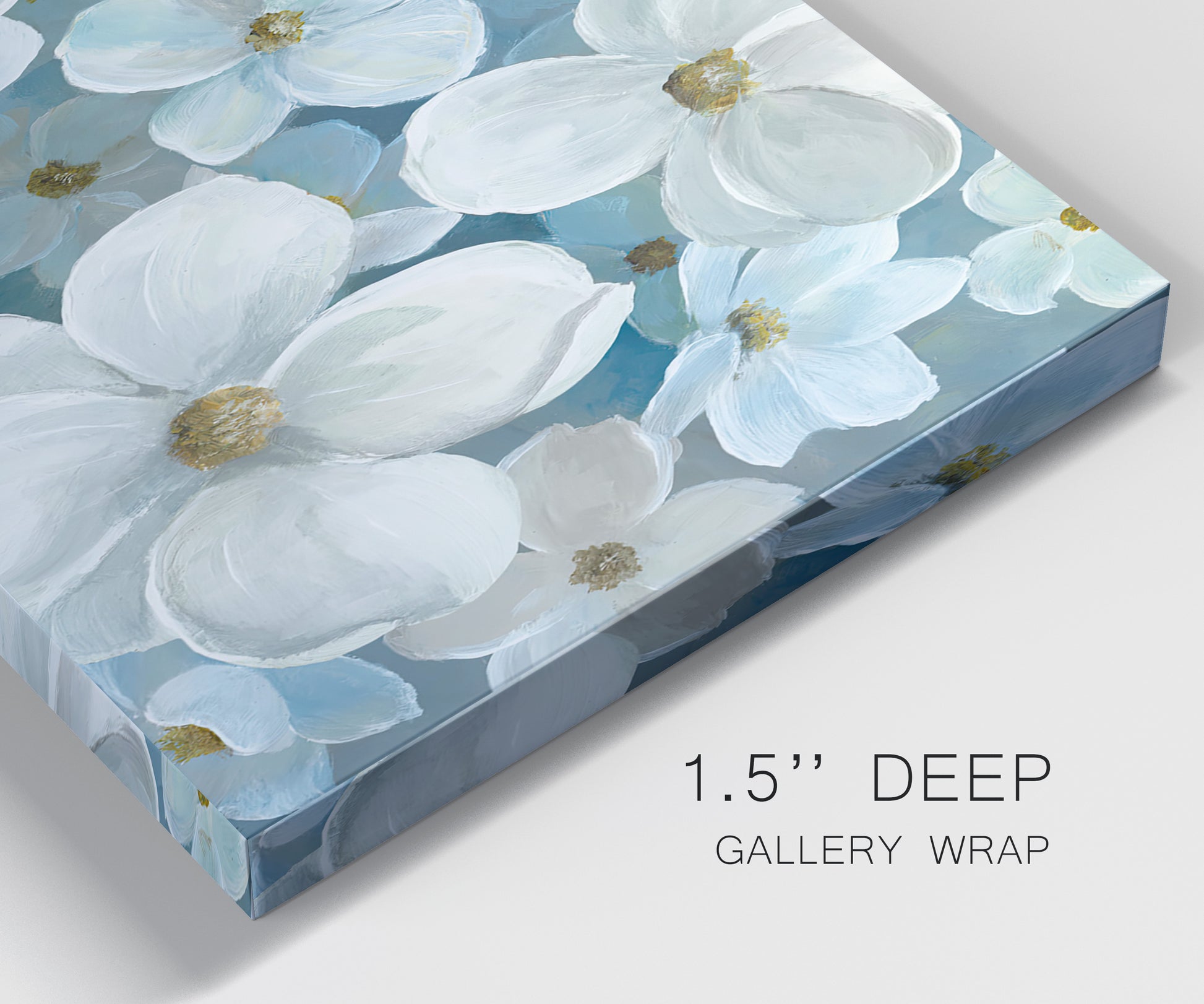 Close-up view of wrapped canvas corner featuring soft white floral abstraction.