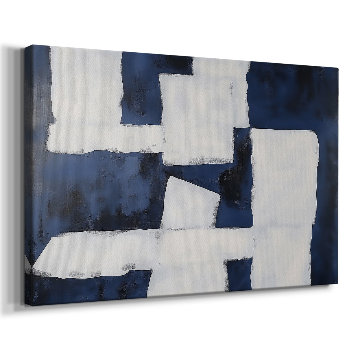 Abstract artwork featuring a contrast of navy blue and white shapes on canvas
