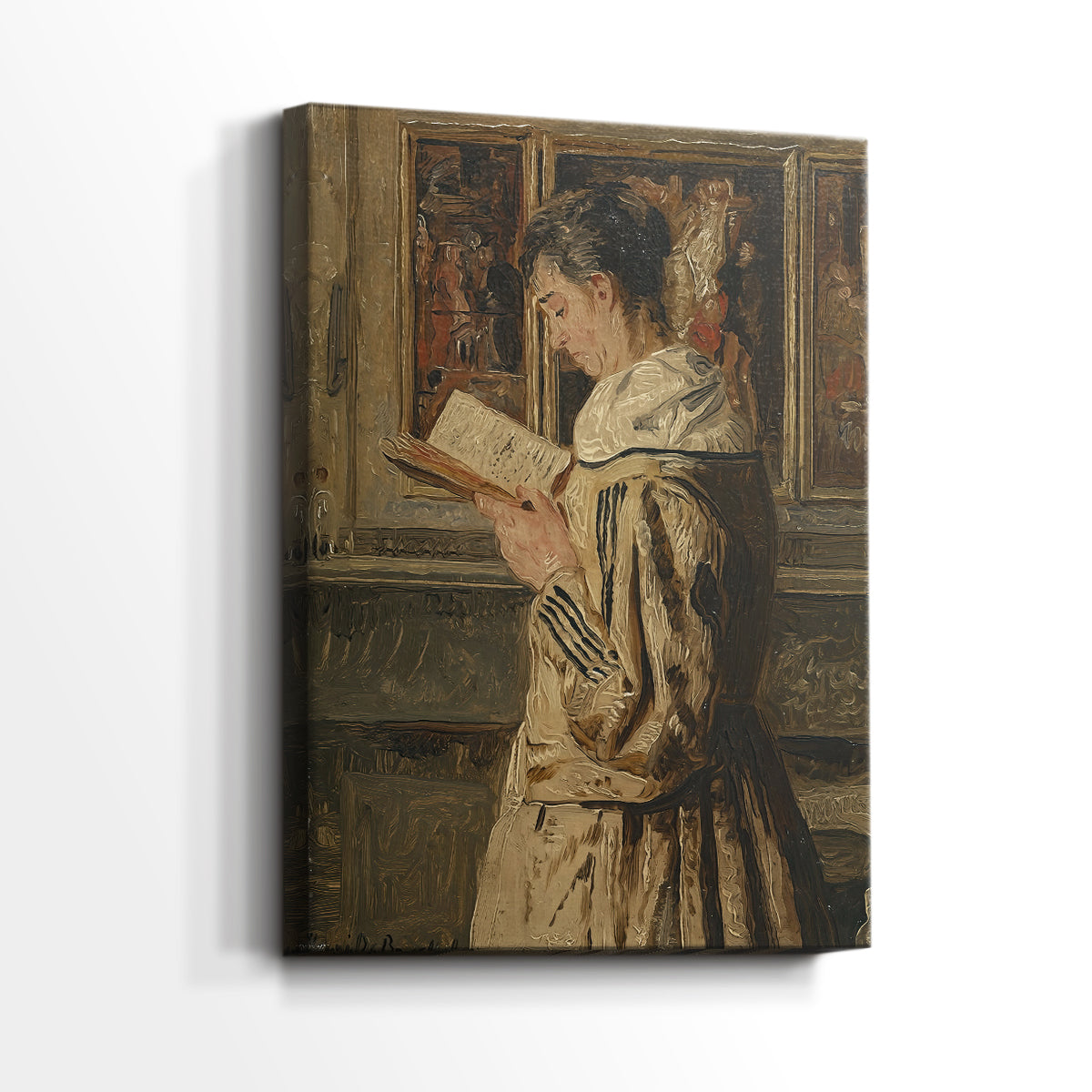 Side view of a canvas art print of a calm domestic scene with warm tones and subtle detail, showing gallery-wrapped depth.