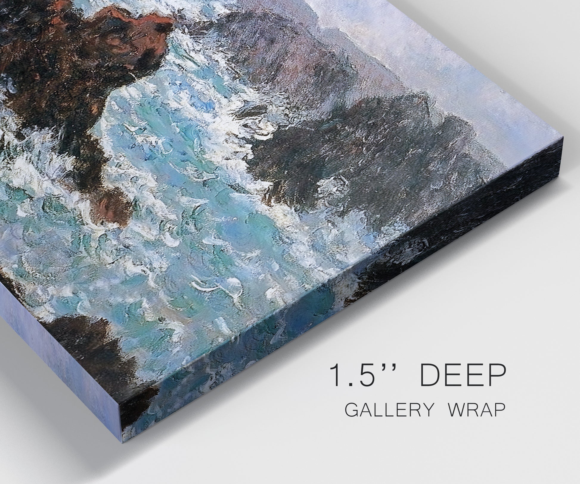 Close-up view of wrapped canvas corner featuring storm waves battering rocky coast.
