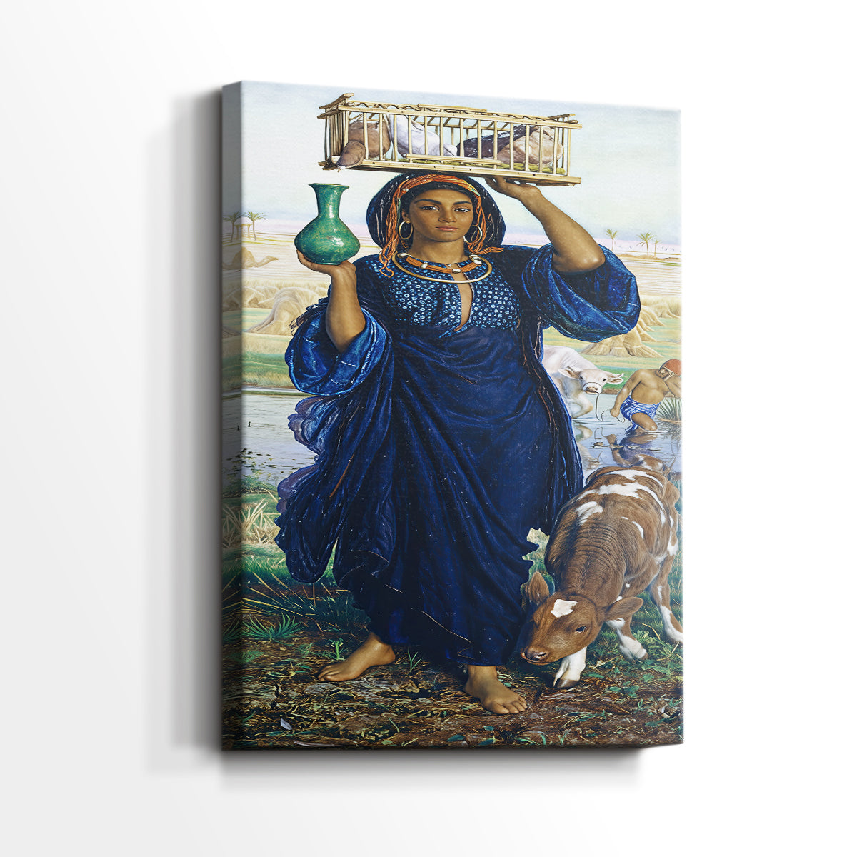 Side view of a canvas art print of a refined scene with figure and soft atmospheric light, showing gallery-wrapped depth.