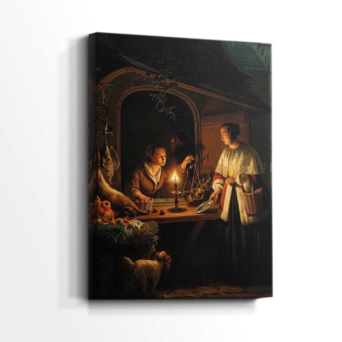 Side view of a canvas art print of a moody composition with activity and shadow, showing gallery-wrapped depth.