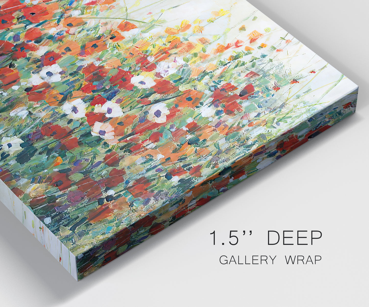 Close-up view of wrapped canvas corner featuring colorful garden flowers in bloom.