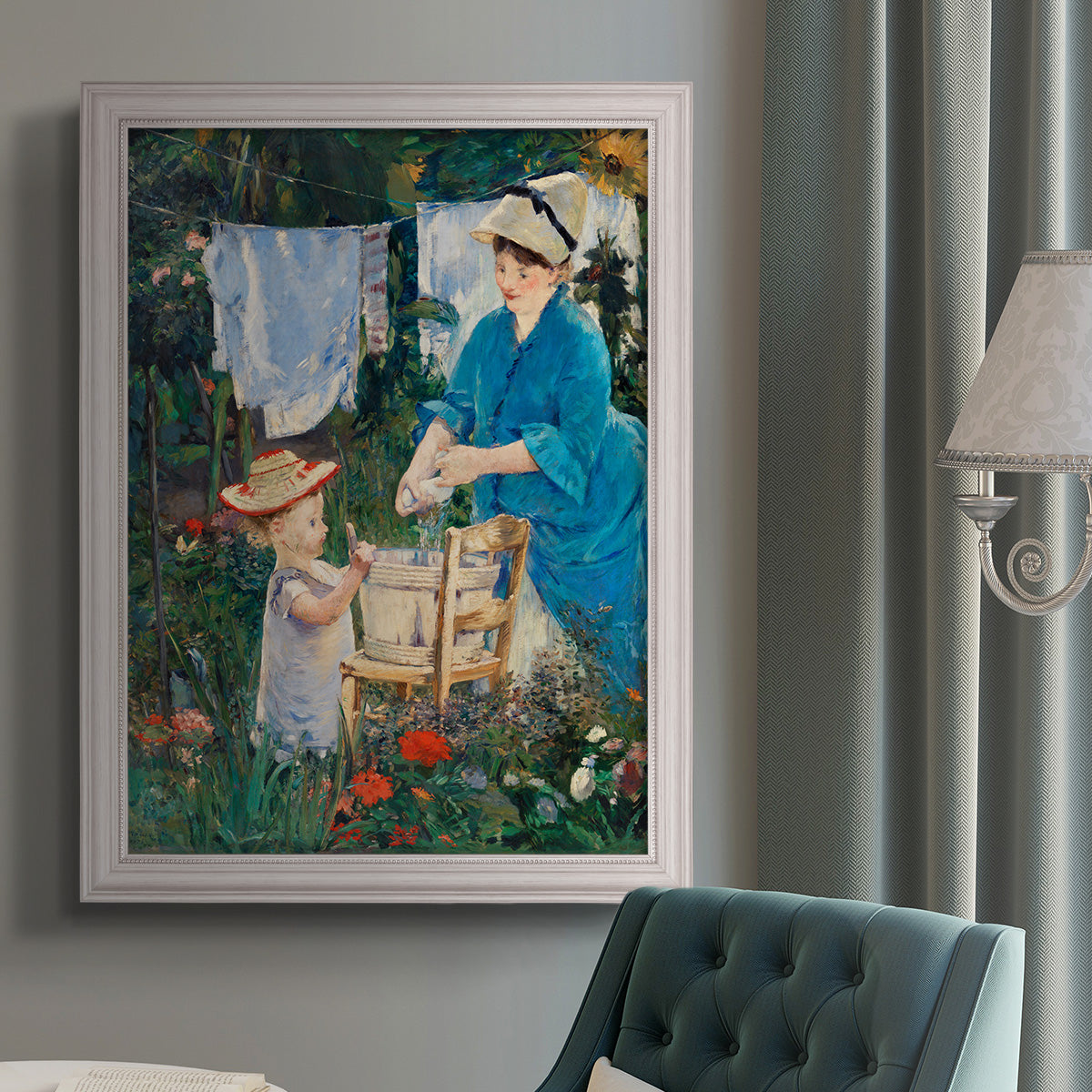 Intimate domestic genre scene by Édouard Manet in an {frame_style_descriptor} displayed in a neutral interior setting.
