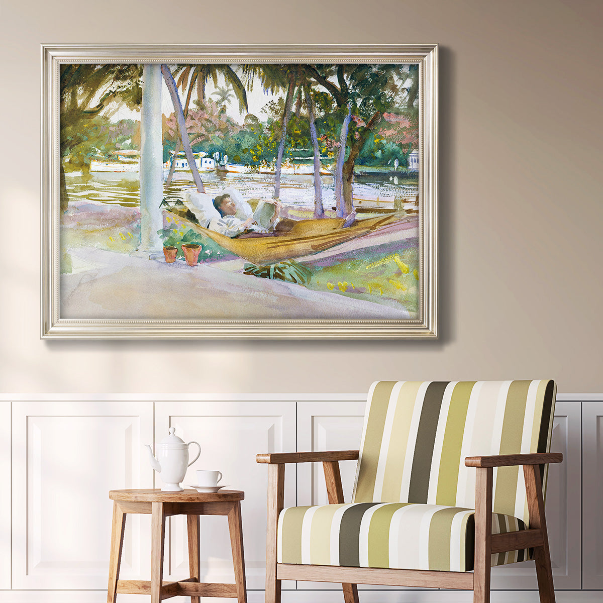 Impressionist leisure portrait scene by John Singer Sargent in an ornate champagne frame displayed in a light-toned interior setting.