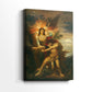 Side view of a canvas art print of a dynamic scene with intertwined forms and tension, showing gallery-wrapped depth.