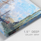Close-up view of wrapped canvas corner featuring busy river port scene.
