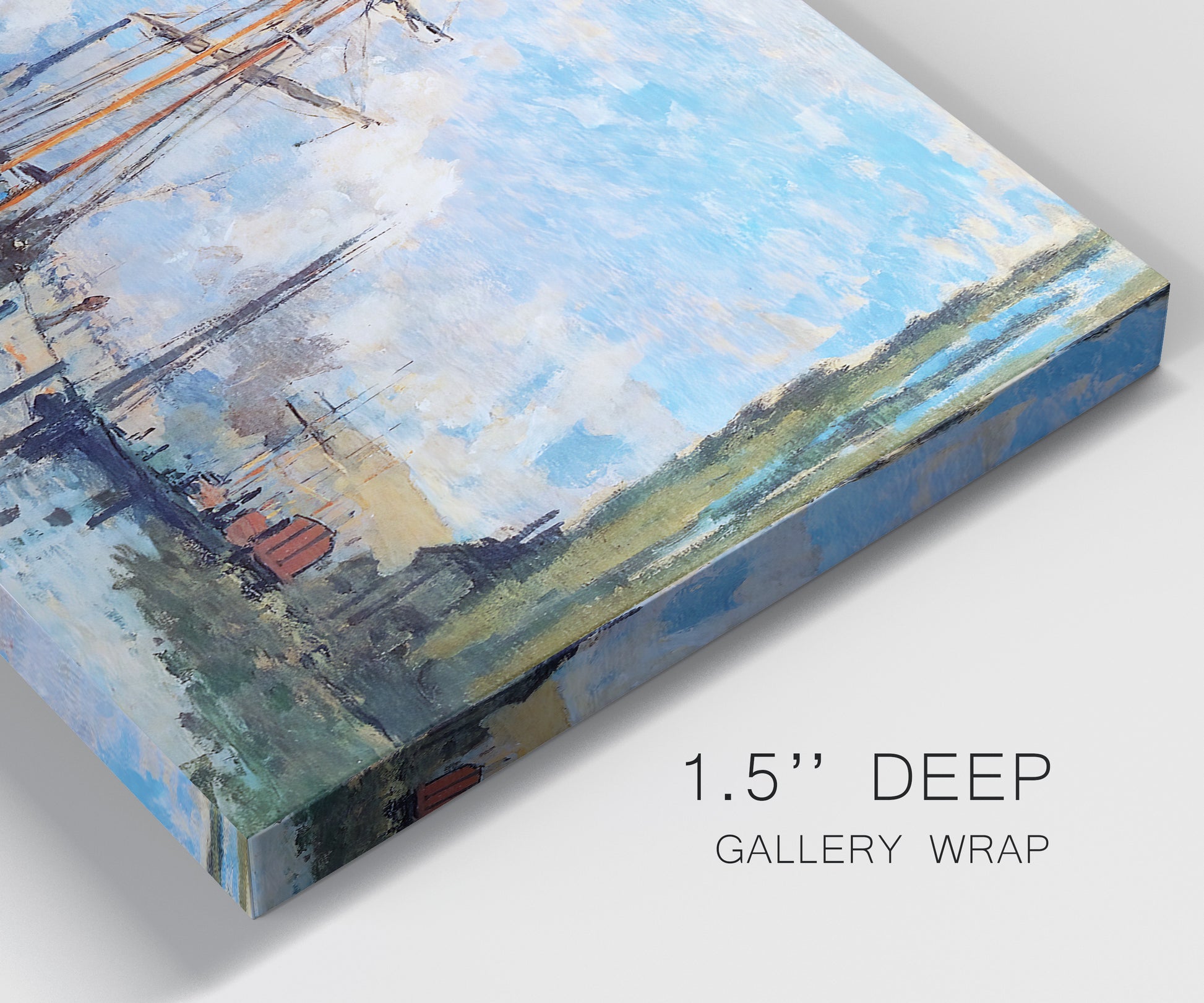 Close-up view of wrapped canvas corner featuring busy river port scene.