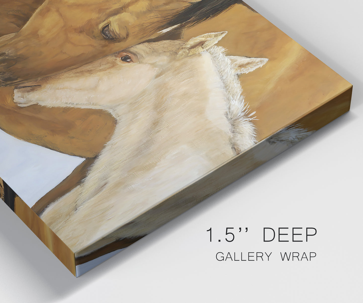 Close-up view of wrapped canvas corner featuring gentle horse portrait illustration.