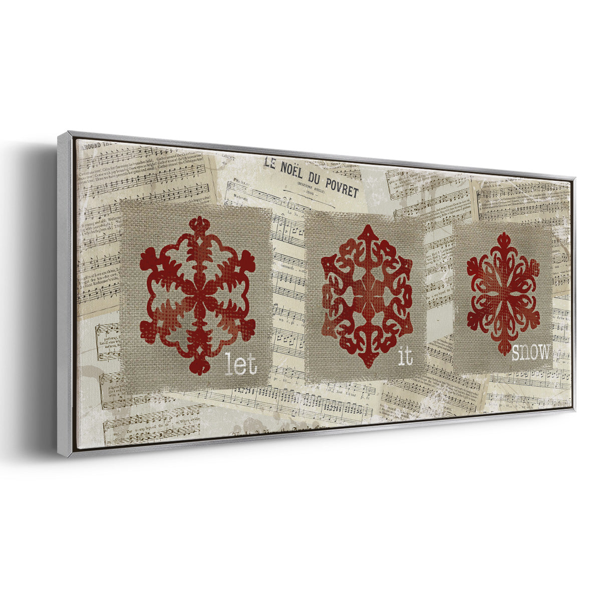Burlap Music Snowflakes - Floater Framed Canvas Print