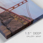 Close-up view of wrapped canvas corner featuring golden gate bridge spanning bay.