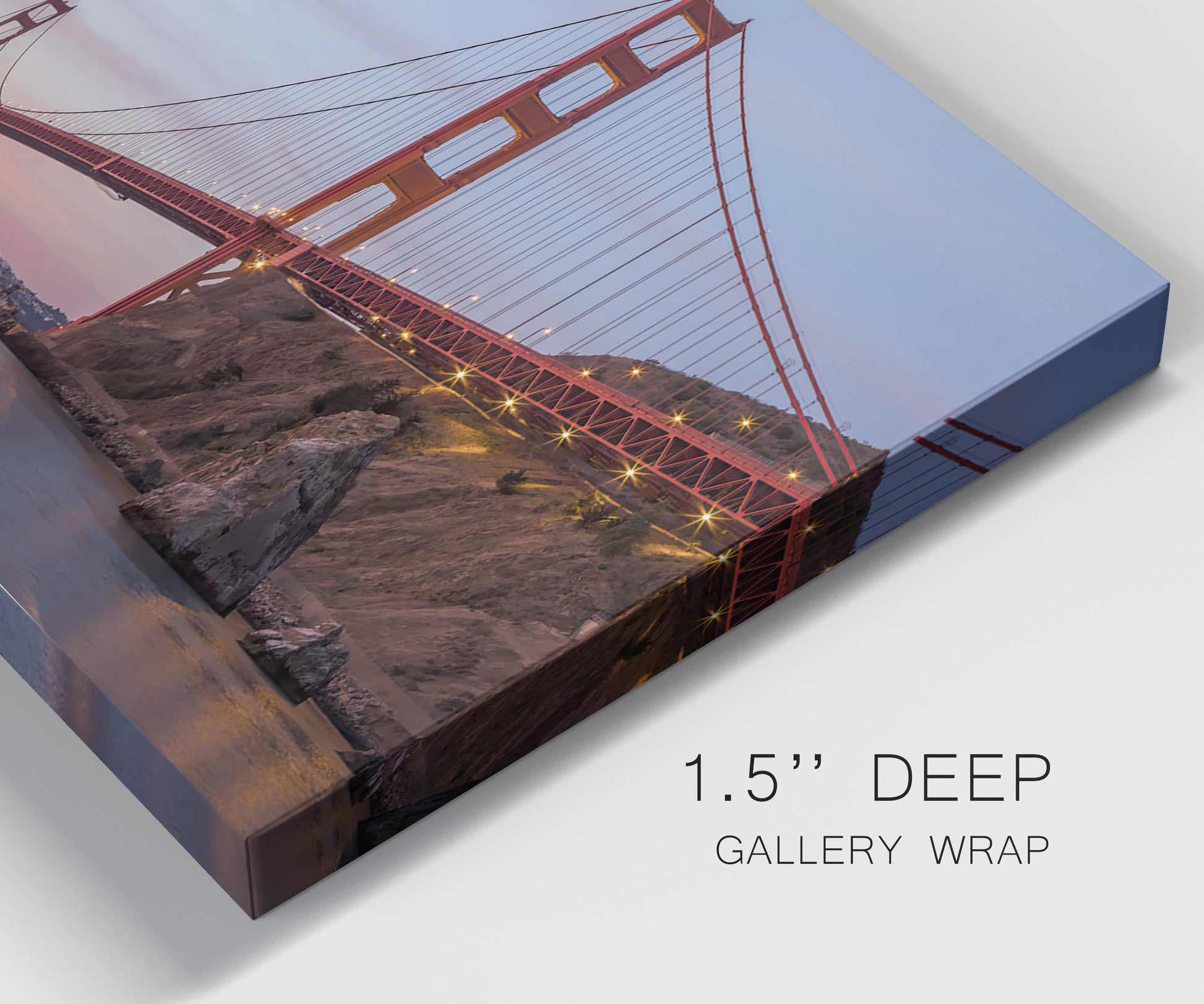 Close-up view of wrapped canvas corner featuring golden gate bridge spanning bay.