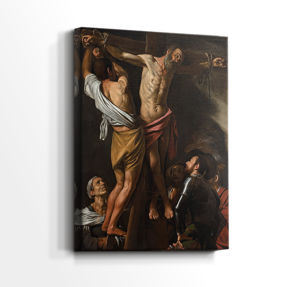 Side view of a canvas art print of a religious scene with strong contrast and emotional intensity, showing gallery-wrapped depth.