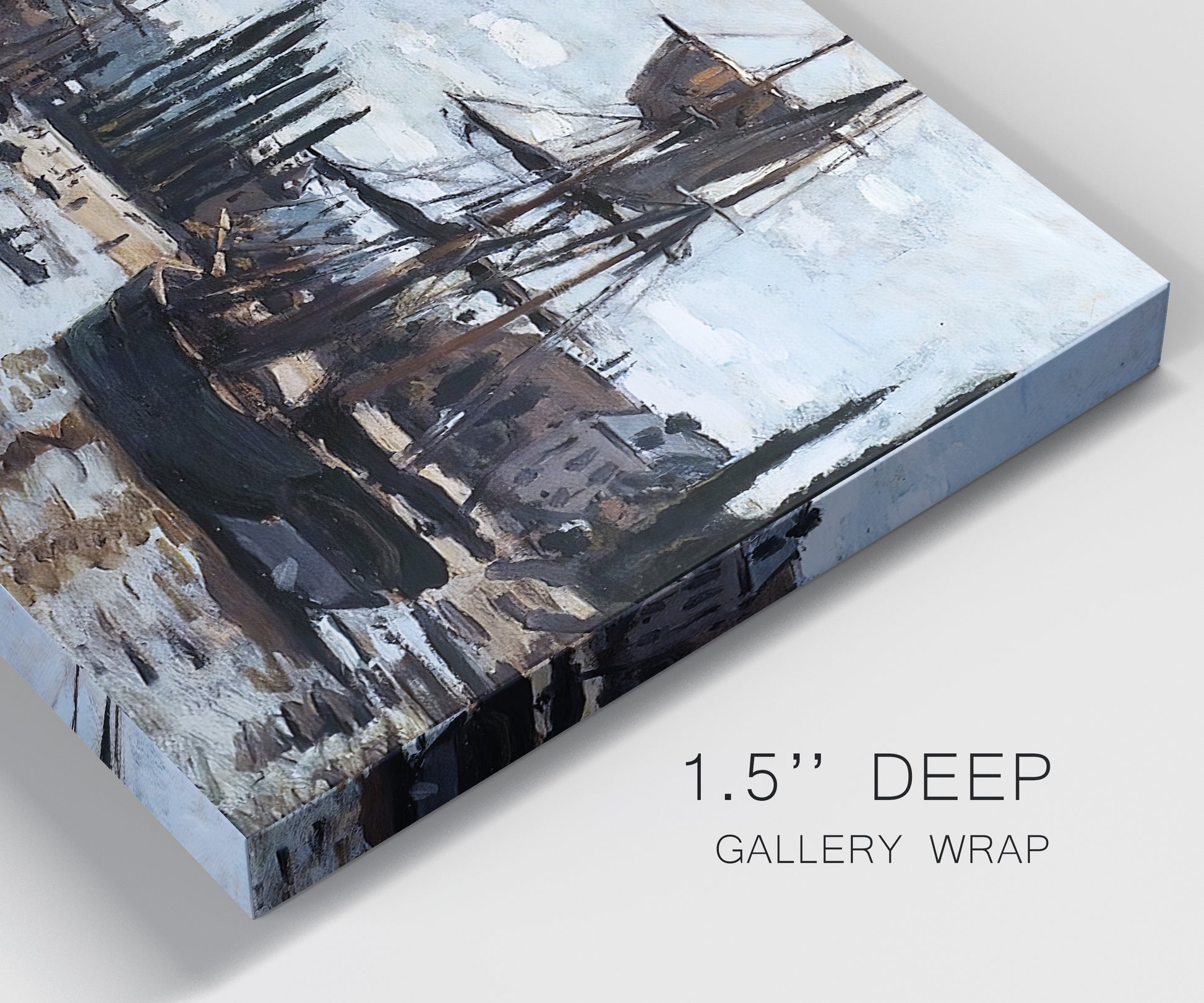 Close-up view of wrapped canvas corner featuring harbor scene with boats and quays.