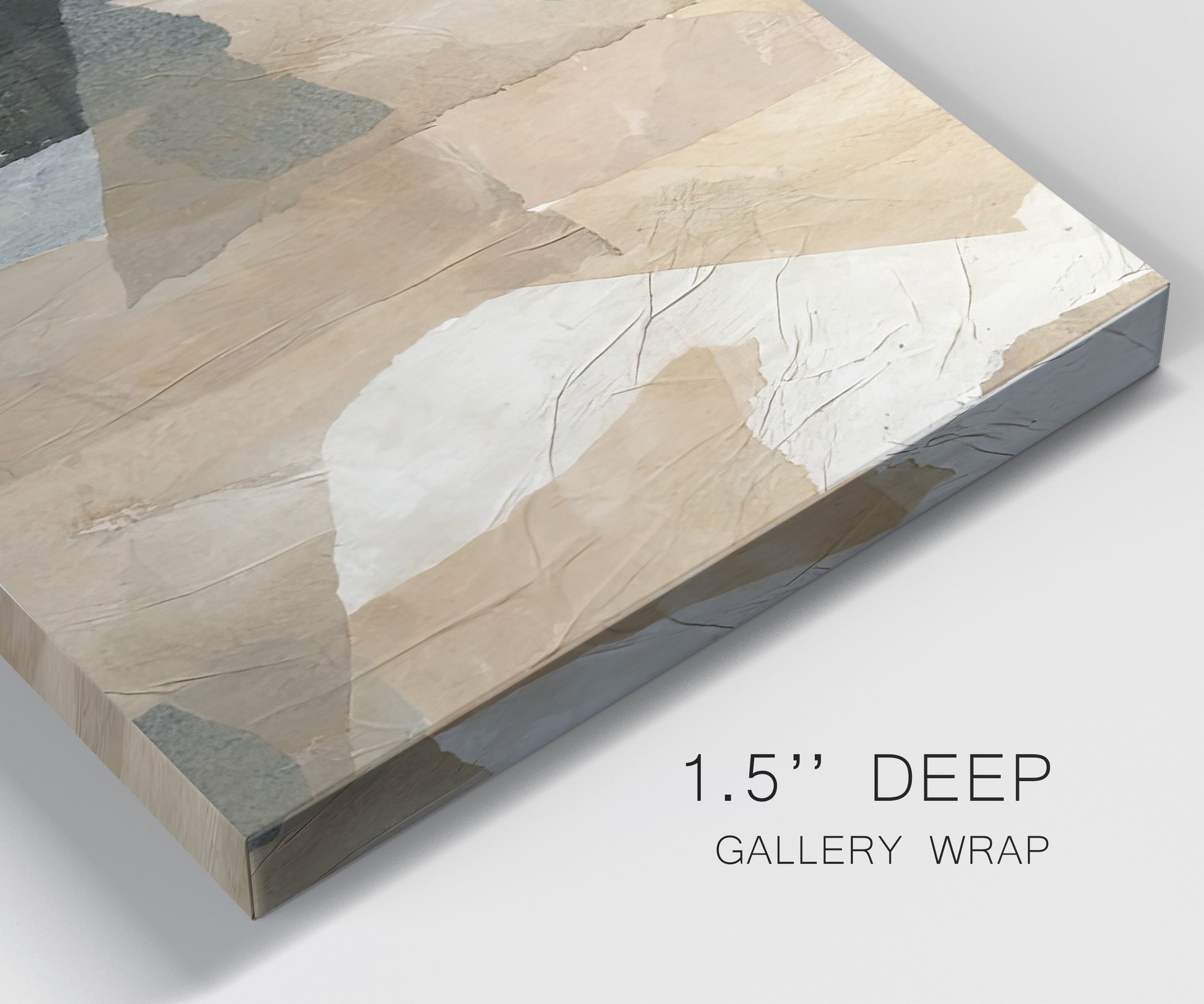 Close-up view of wrapped canvas corner featuring blurred mixed media abstract collage.