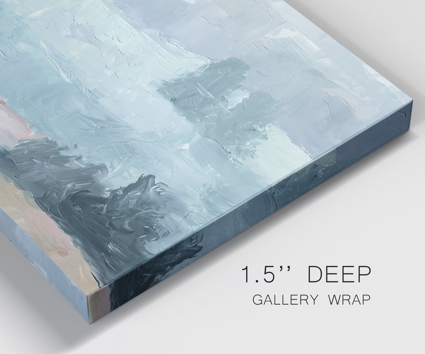 Close-up view of wrapped canvas corner featuring soft pastel valley landscape.