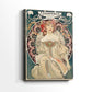 Side view of a canvas art print of a decorative figure with elegant curves and symbolic mood, showing gallery-wrapped depth.