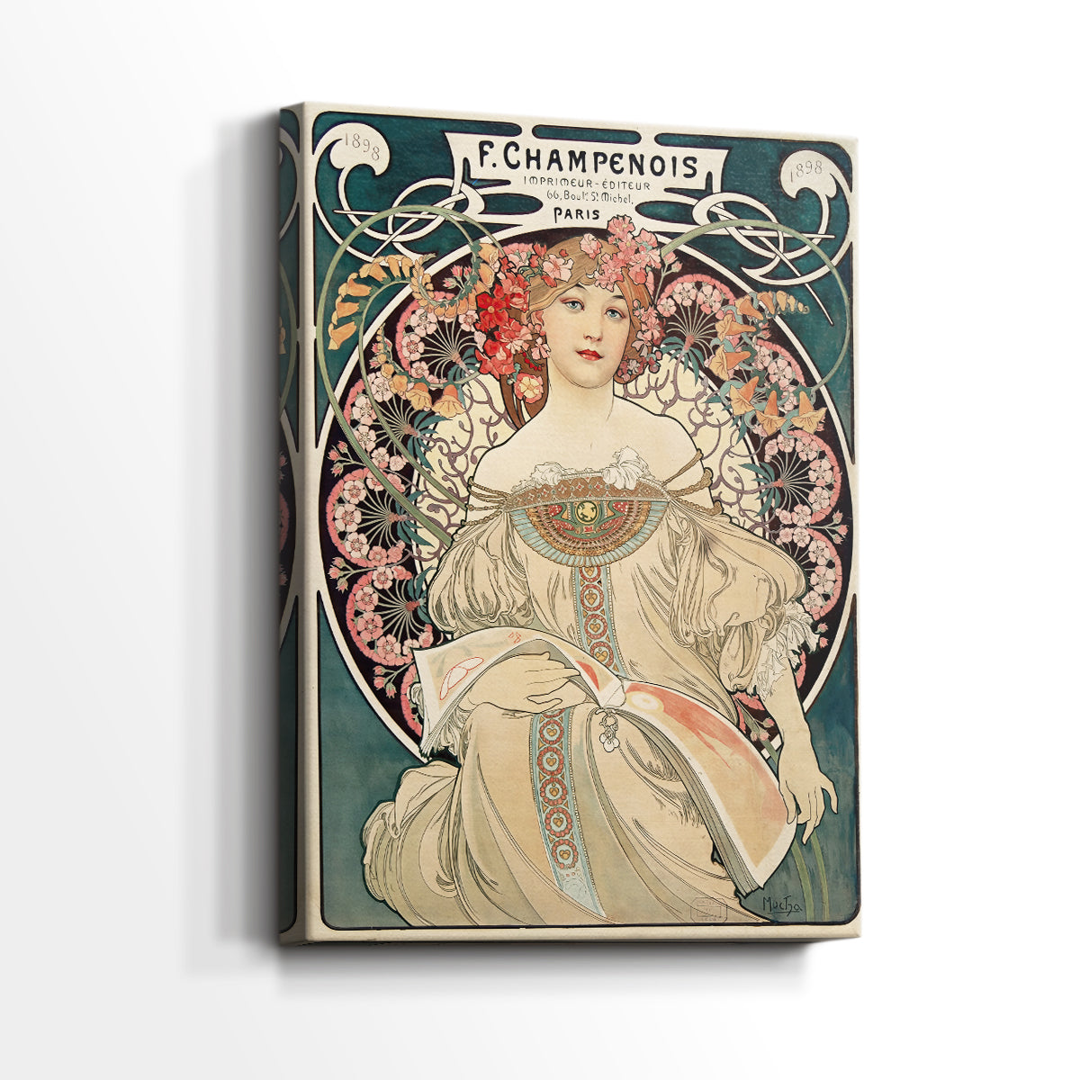 Side view of a canvas art print of a decorative figure with elegant curves and symbolic mood, showing gallery-wrapped depth.