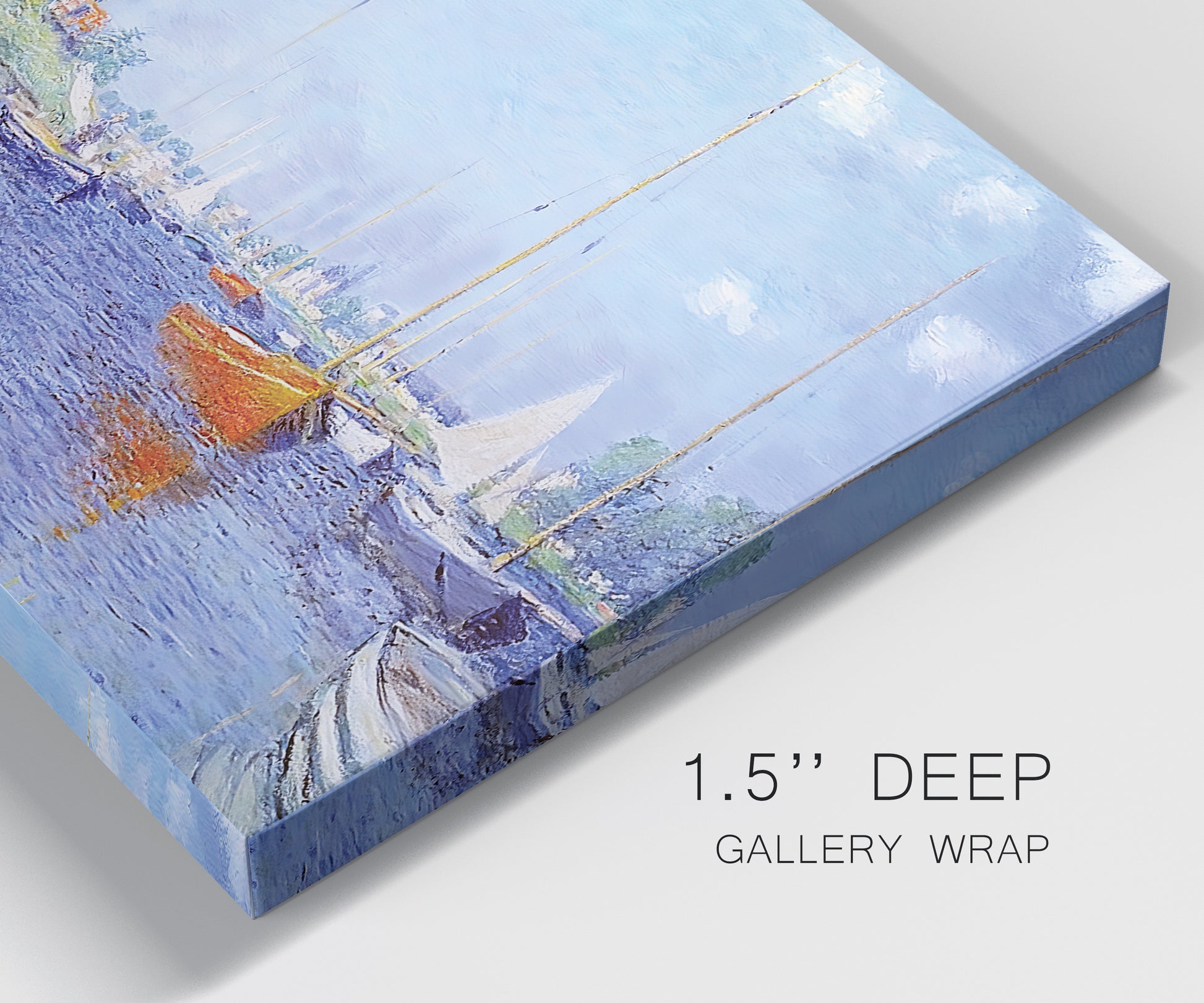 Close-up view of wrapped canvas corner featuring river flowing past riverside town.