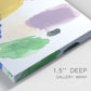 Close-up view of wrapped canvas corner featuring inkblot style abstract color symmetry.