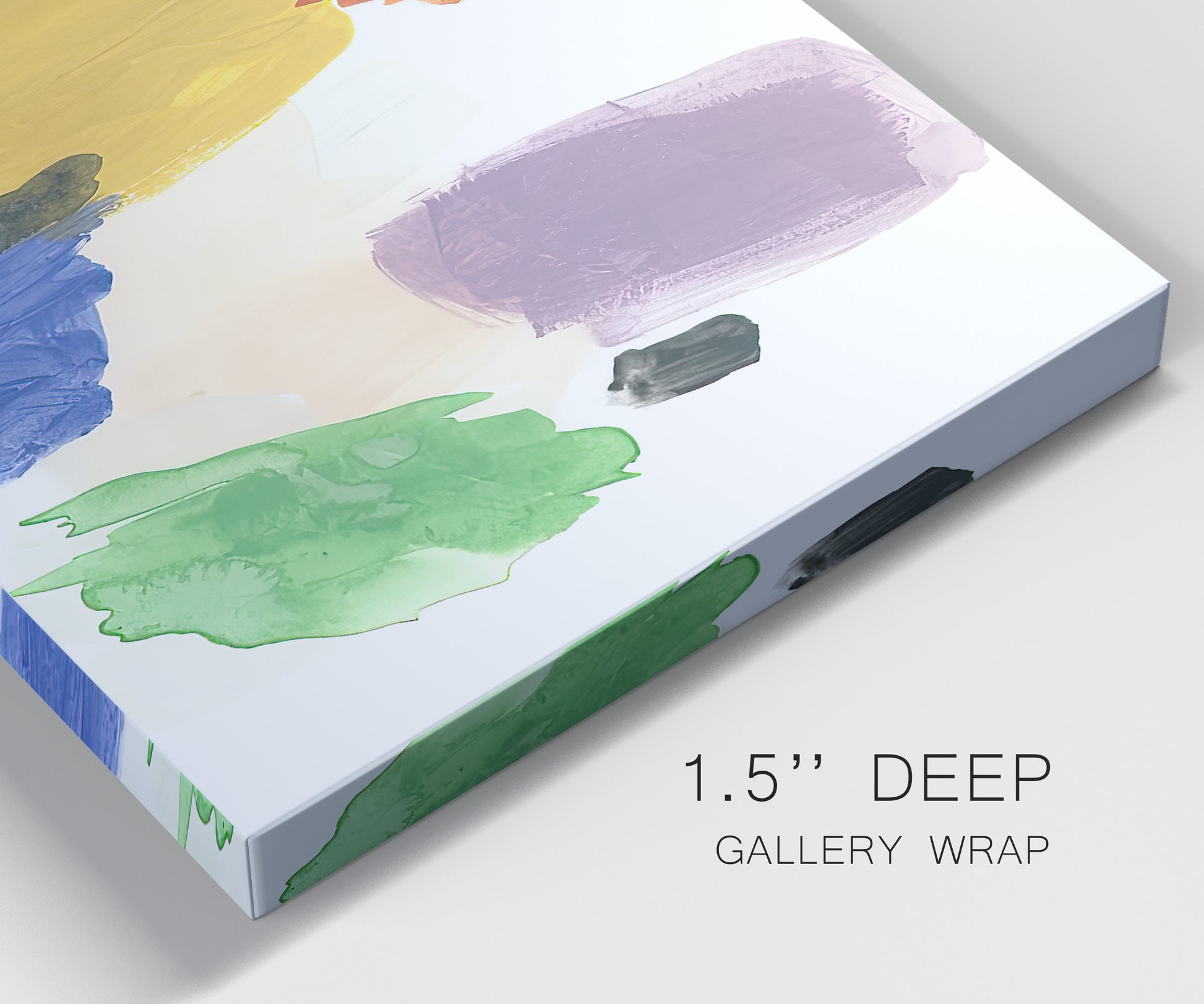 Close-up view of wrapped canvas corner featuring inkblot style abstract color symmetry.