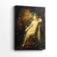 Side view of a canvas art print of a decorative composition with a woman and flowing forms, showing gallery-wrapped depth.