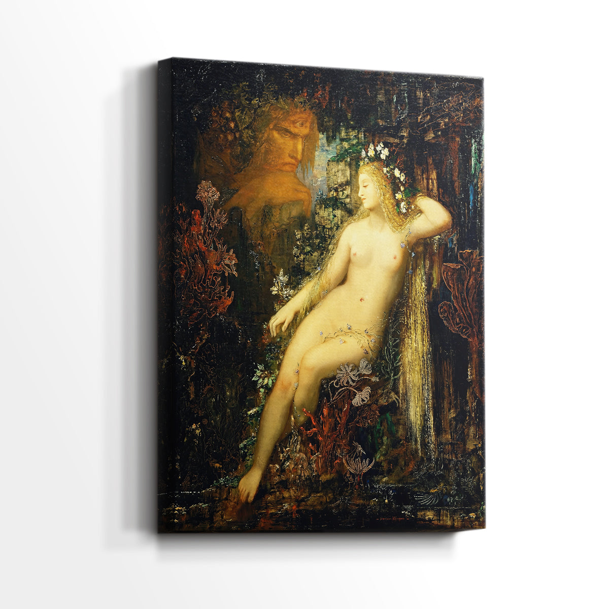 Side view of a canvas art print of a decorative composition with a woman and flowing forms, showing gallery-wrapped depth.