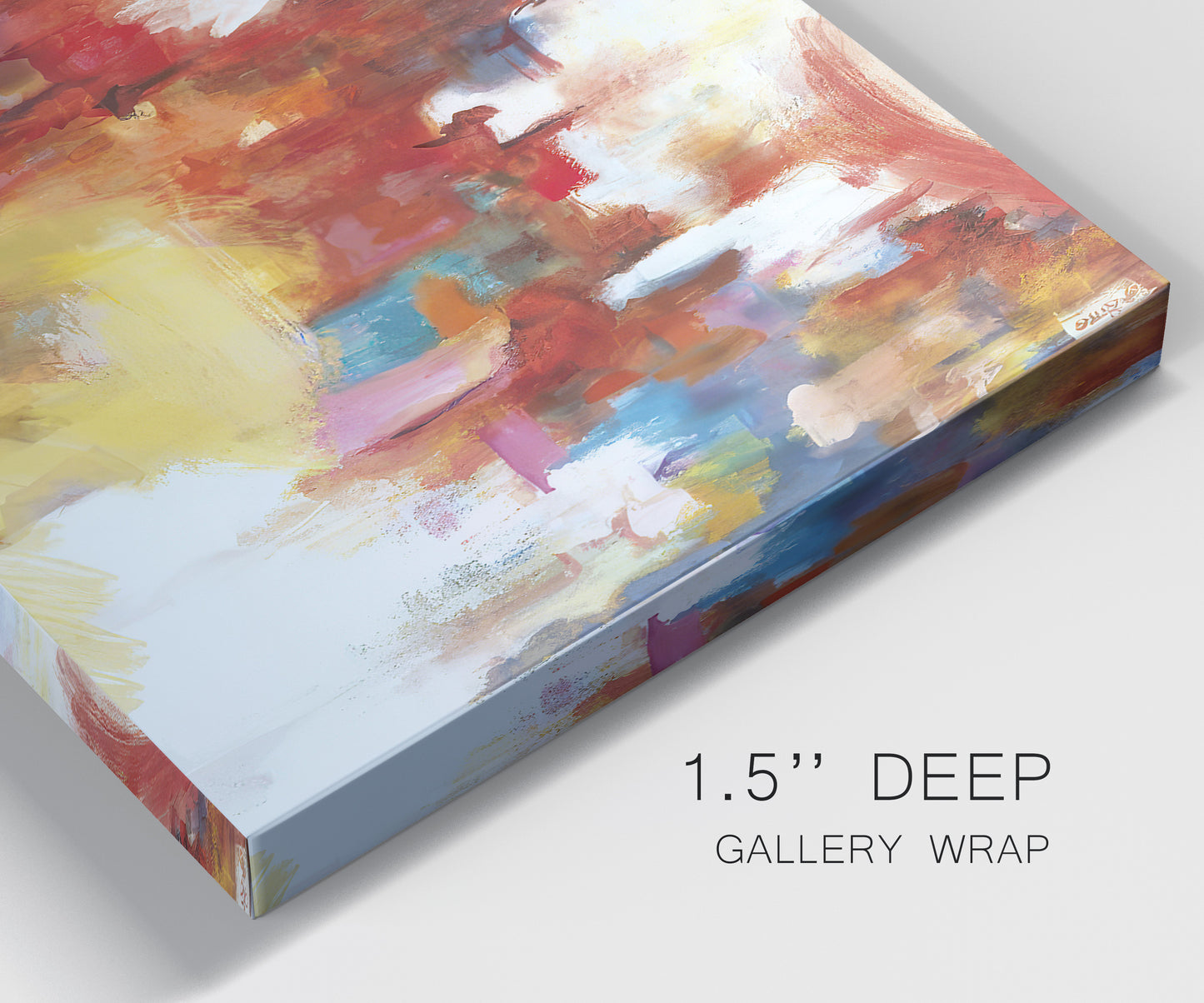 Close-up view of wrapped canvas corner featuring abstract city lights composition.