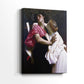 Side view of a canvas art print of a mythic scene with figures in soft shadow and light, showing gallery-wrapped depth.