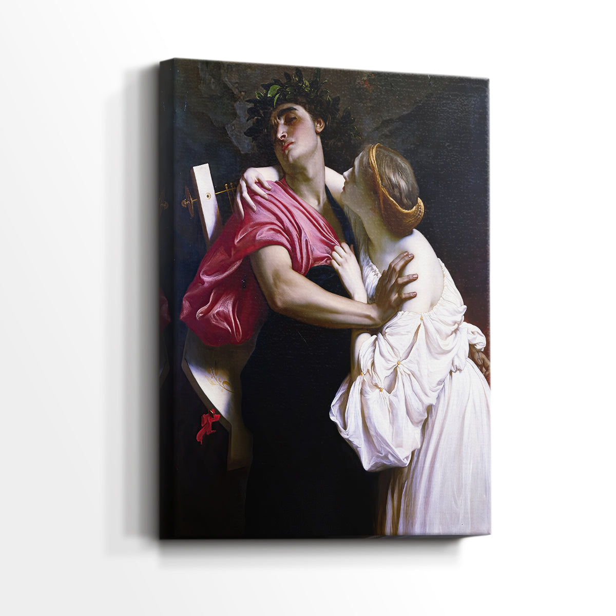 Side view of a canvas art print of a mythic scene with figures in soft shadow and light, showing gallery-wrapped depth.