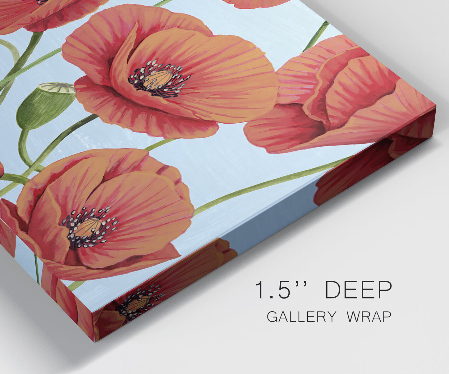 Close-up view of wrapped canvas corner featuring red poppies in motion.