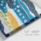 Close-up view of wrapped canvas corner featuring feather inspired abstract linear motion.