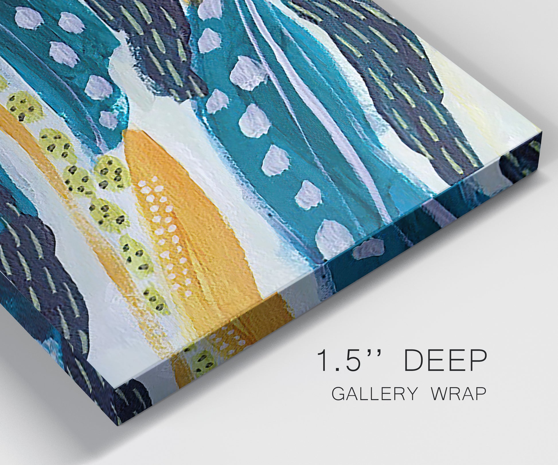 Close-up view of wrapped canvas corner featuring feather inspired abstract linear motion.