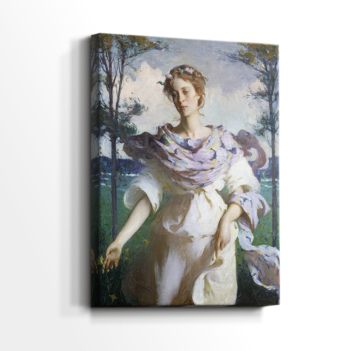 Side view of a canvas art print of a soft outdoor scene with gentle tones and airy texture, showing gallery-wrapped depth.