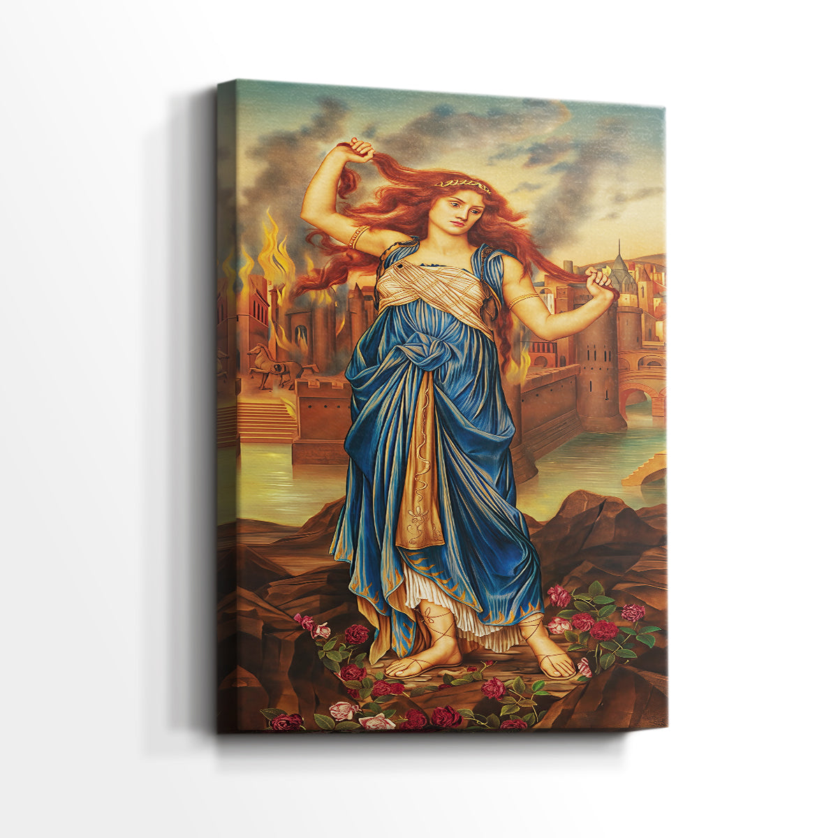 Side view of a canvas art print of a classical-inspired portrait with strong gesture and color, showing gallery-wrapped depth.
