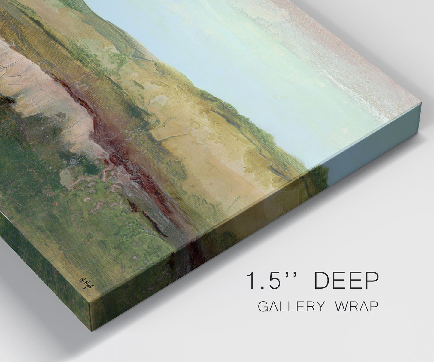 Close-up view of wrapped canvas corner featuring pastoral landscape with winding road.