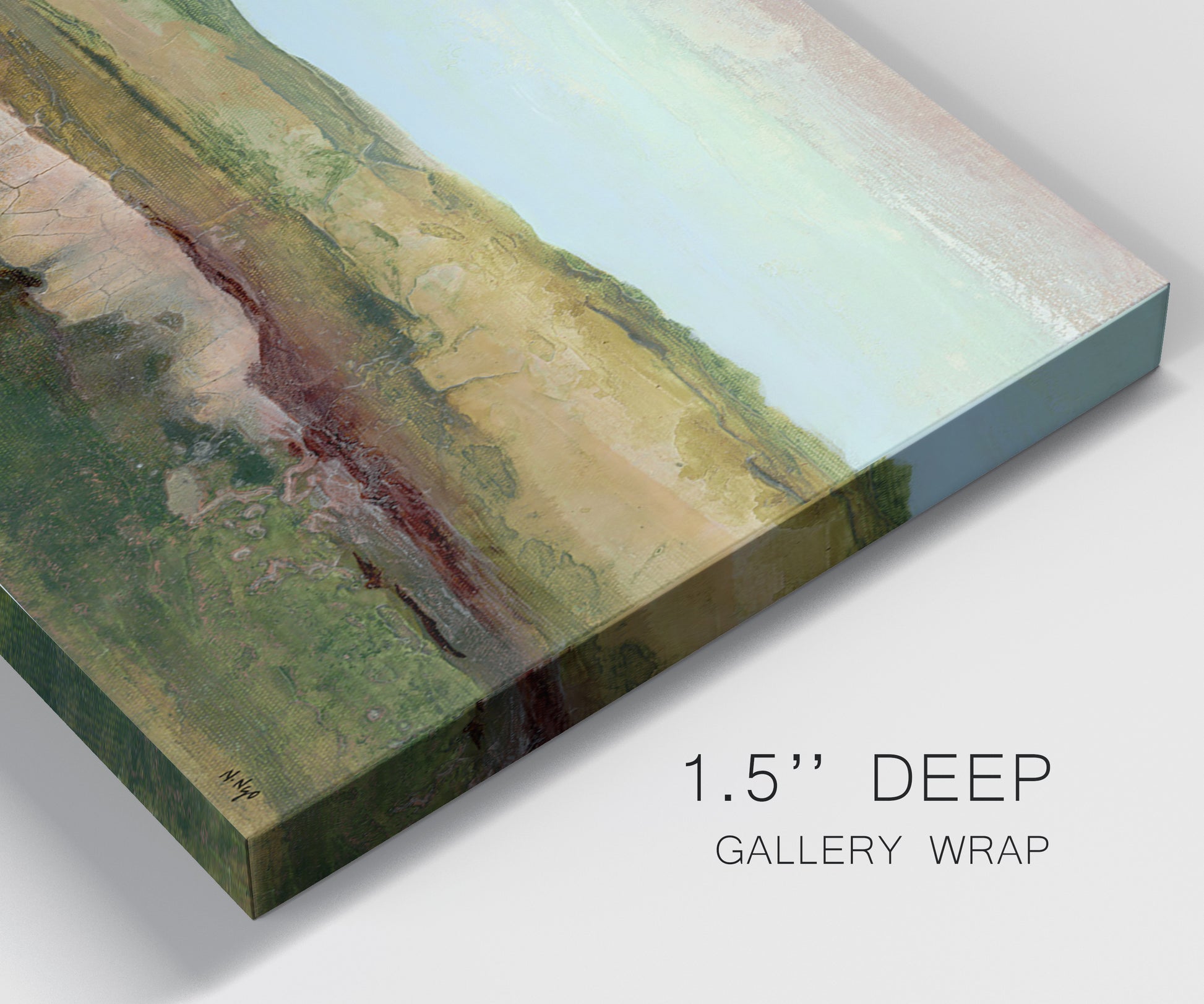 Close-up view of wrapped canvas corner featuring pastoral landscape with winding road.
