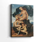 Side view of a canvas art print of a dreamlike scene with two figures in a quiet embrace, showing gallery-wrapped depth.