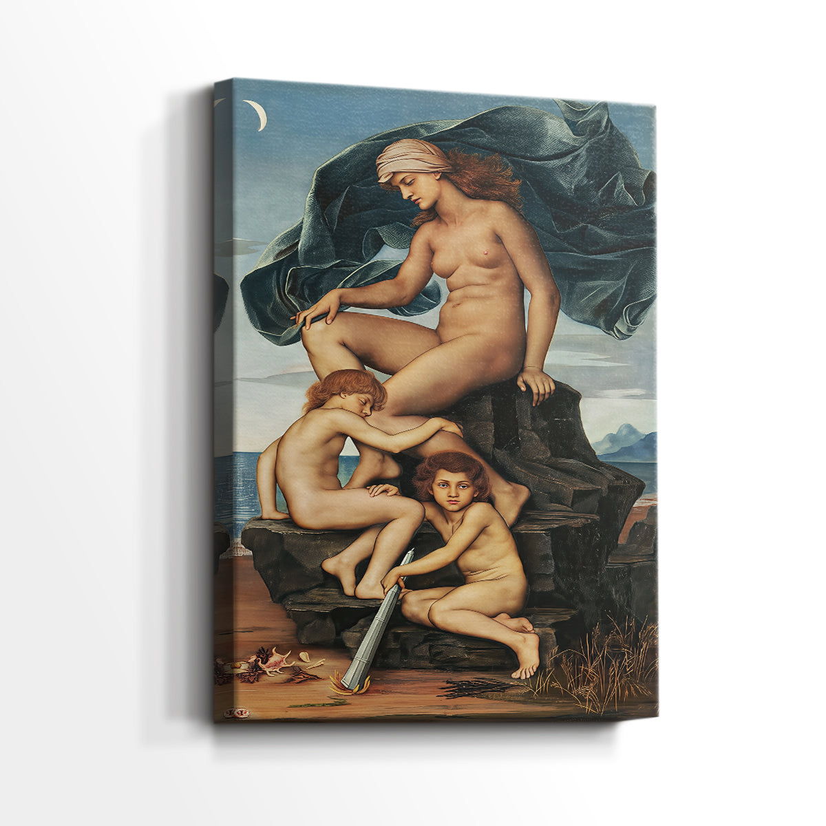 Side view of a canvas art print of a dreamlike scene with two figures in a quiet embrace, showing gallery-wrapped depth.