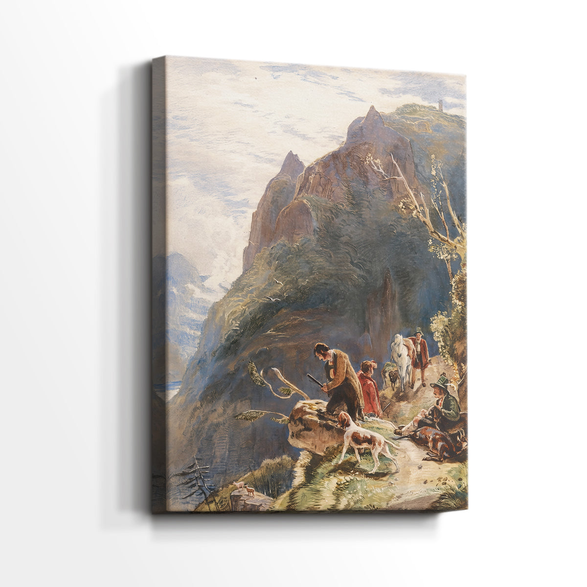 Side view of a canvas art print of a detailed composition with people and wildlife in landscape, showing gallery-wrapped depth.
