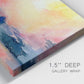 Close-up view of wrapped canvas corner featuring prismatic watercolor coastal seascape.